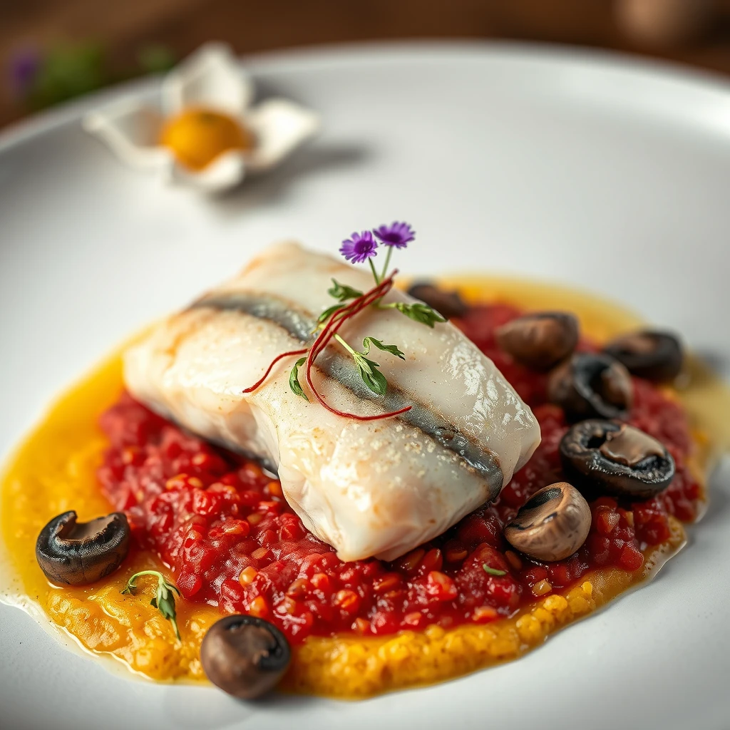 Trota del Lago affumicata con polenta di mais rosso e funghi porcini