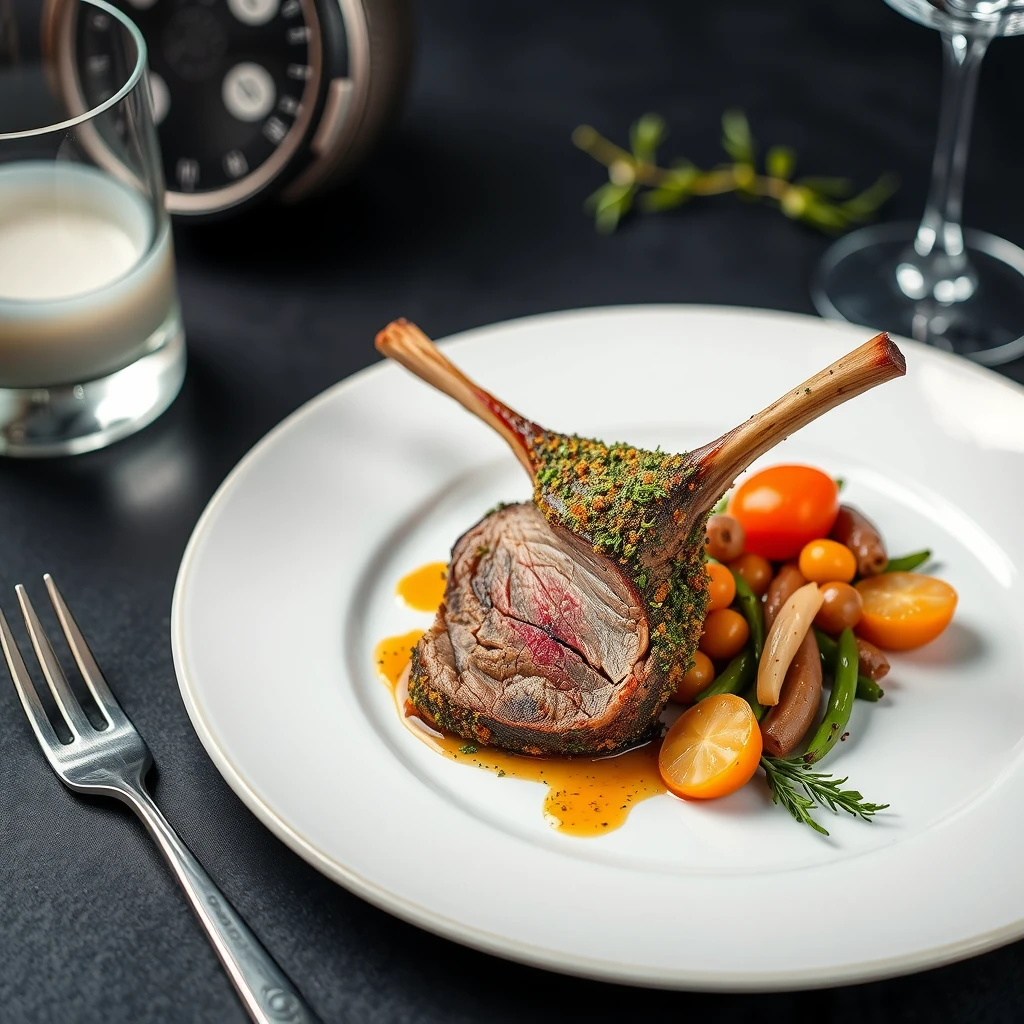 Agnello delle Alpi in crosta di erbe con verdure di stagione